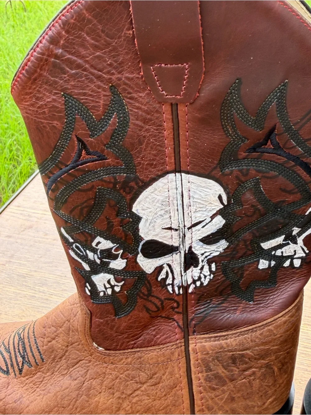 Old West Men’s 6D Brown Leather Cowboy Boots Skull Graphic Square Toe Handmade